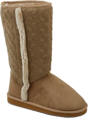 A9B02S Women's Boots Knit Sweater Faux Suede Crochet Fashion Mid Calf Fur Lining Warm Colors Shoes, Black, Grey, Tan