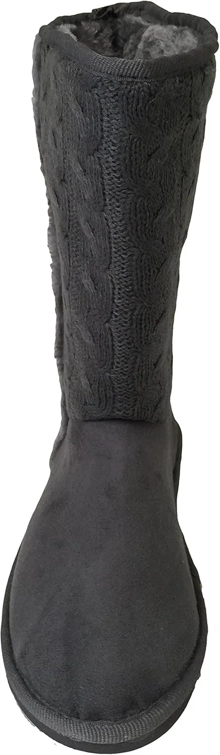 A9B02S Women's Boots Knit Sweater Faux Suede Crochet Fashion Mid Calf Fur Lining Warm Colors Shoes, Black, Grey, Tan
