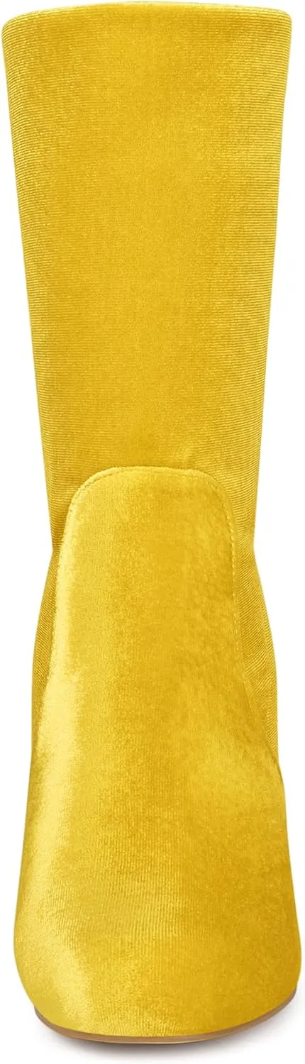 Allegra K Women's Velvet Round Toe Block Heels Foldable Mid Calf Boots