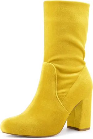 Allegra K Women's Velvet Round Toe Block Heels Foldable Mid Calf Boots