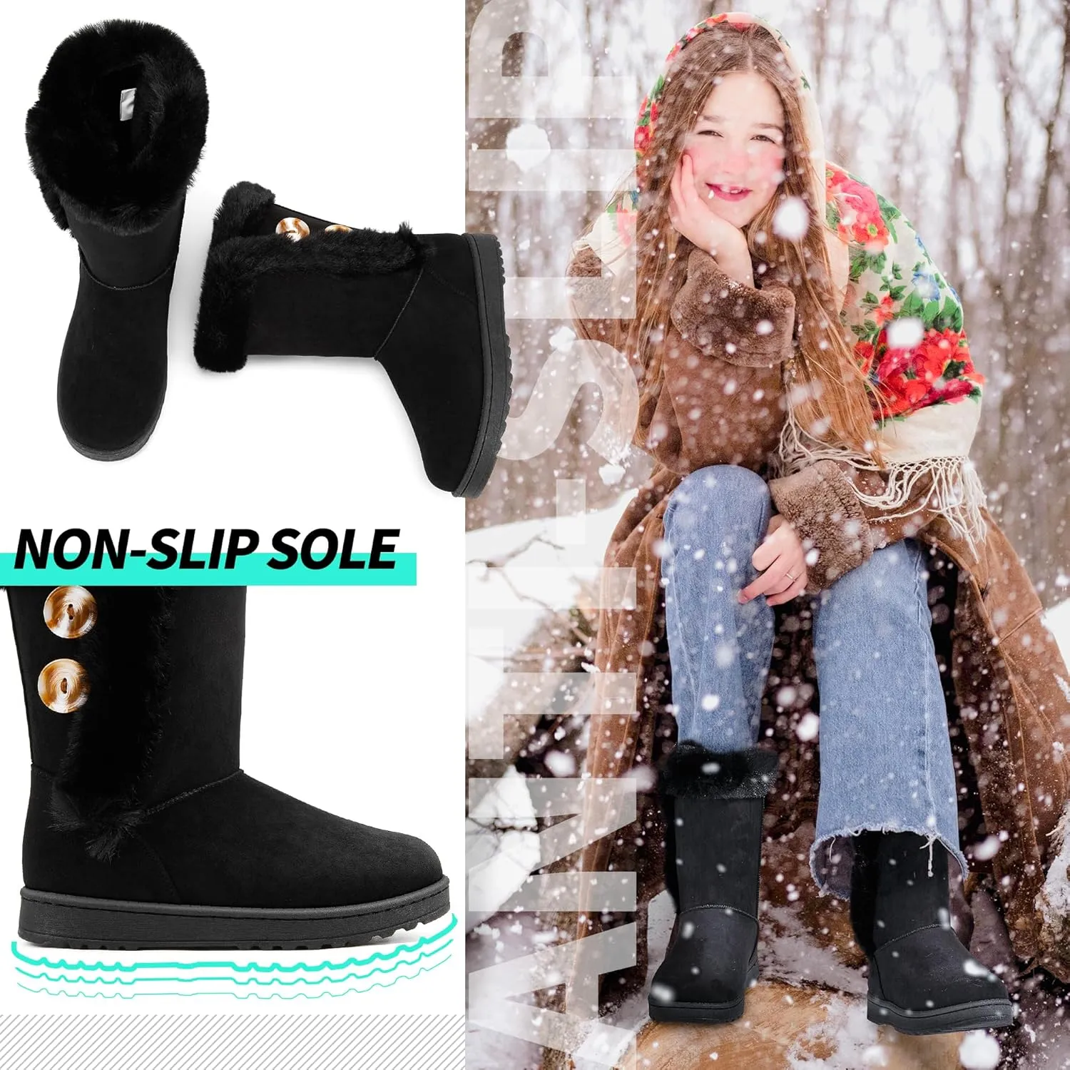 ALTOCIS Women’s Fur Lined Winter Snow Boots Short Mid Calf Fashion Boot Art Resin Button Faux Suede Boots for Women