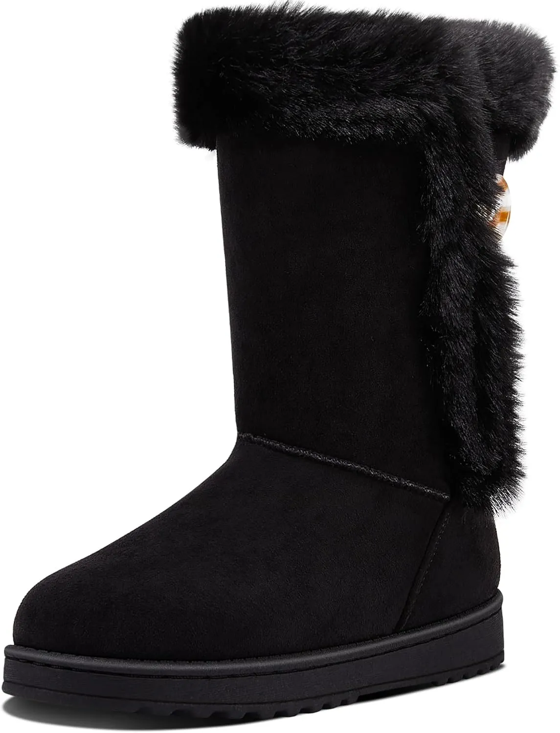 ALTOCIS Women’s Fur Lined Winter Snow Boots Short Mid Calf Fashion Boot Art Resin Button Faux Suede Boots for Women