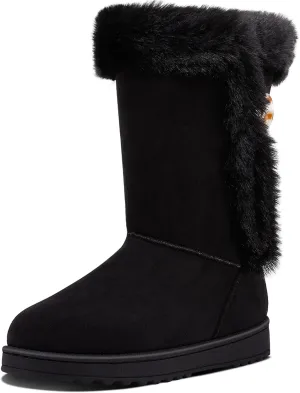 ALTOCIS Women’s Fur Lined Winter Snow Boots Short Mid Calf Fashion Boot Art Resin Button Faux Suede Boots for Women