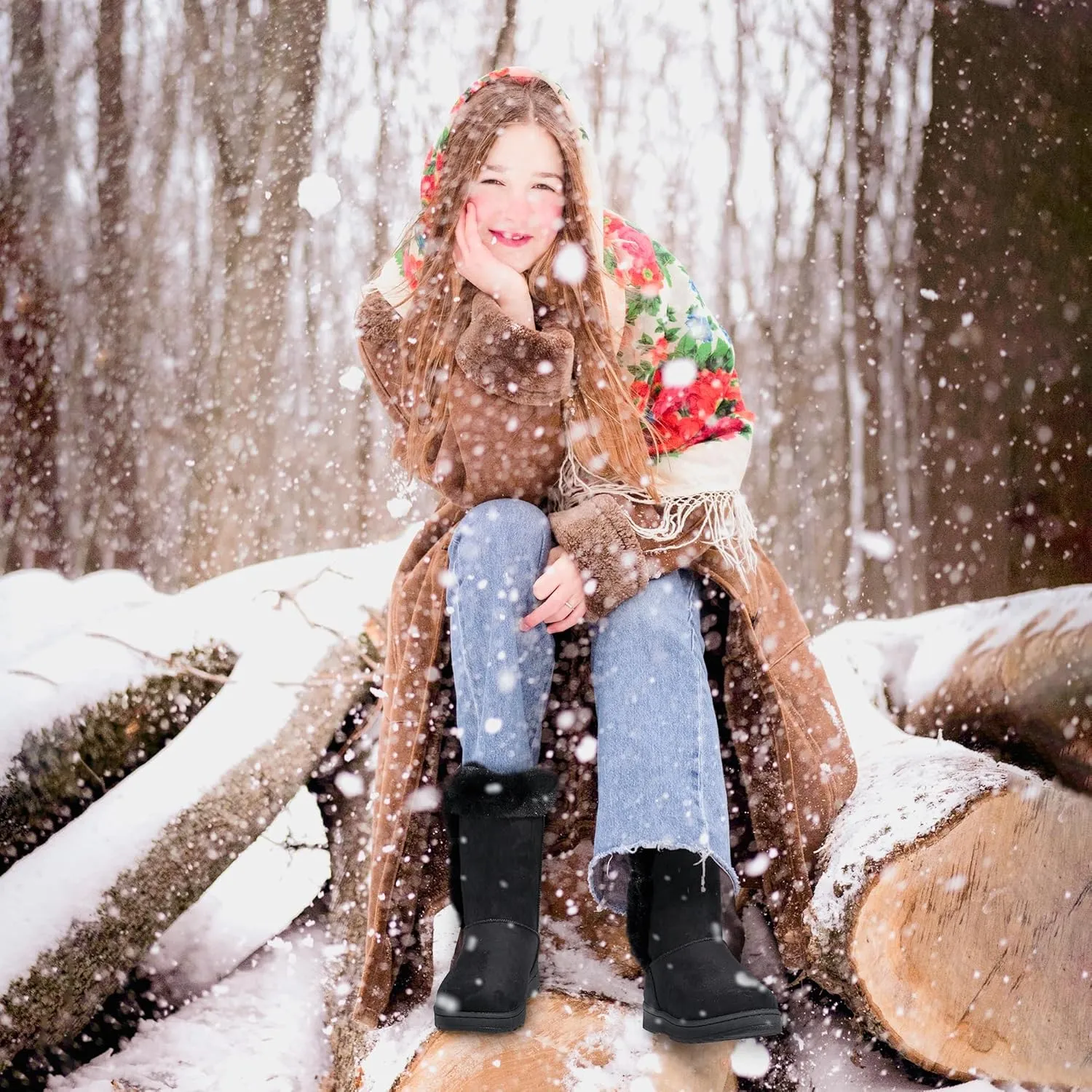 ALTOCIS Women’s Fur Lined Winter Snow Boots Short Mid Calf Fashion Boot Art Resin Button Faux Suede Boots for Women