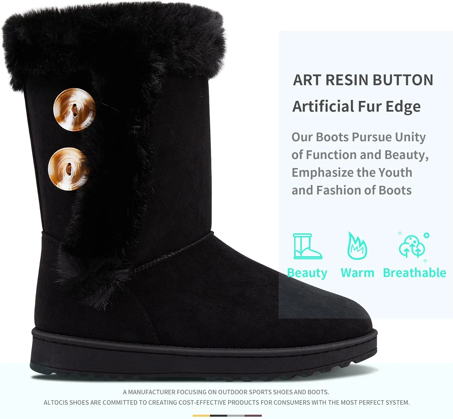 ALTOCIS Women’s Fur Lined Winter Snow Boots Short Mid Calf Fashion Boot Art Resin Button Faux Suede Boots for Women