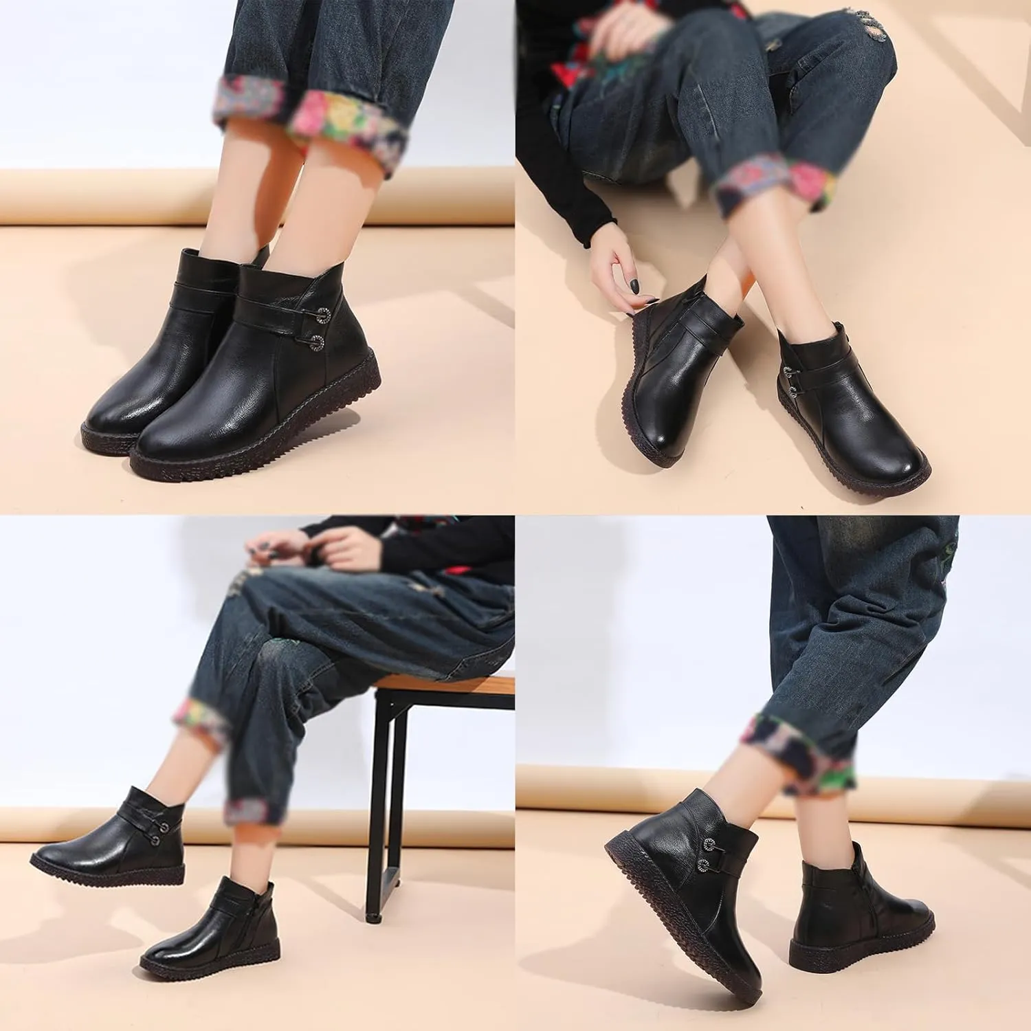 AMAZIDEAL Women's Genuine Leather Plush Warm Ankle Boots,Fashion Handmade Soft Sole Side Zipper Booties,Comfortable Non-Slip Casual Work Chukka Boots
