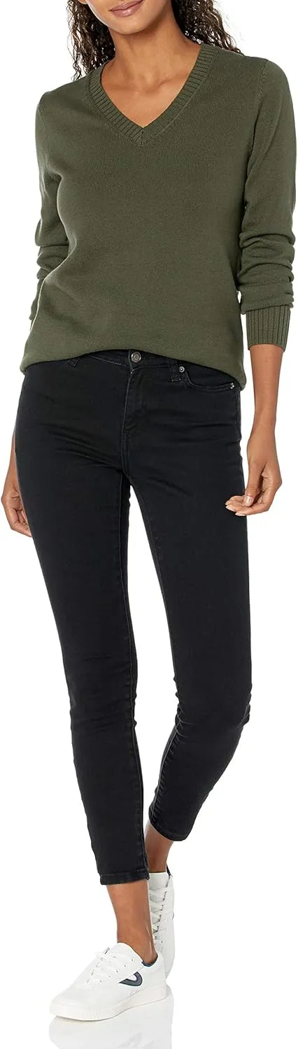 Amazon Essentials Women's 100% Cotton Long-Sleeve V-Neck Sweater