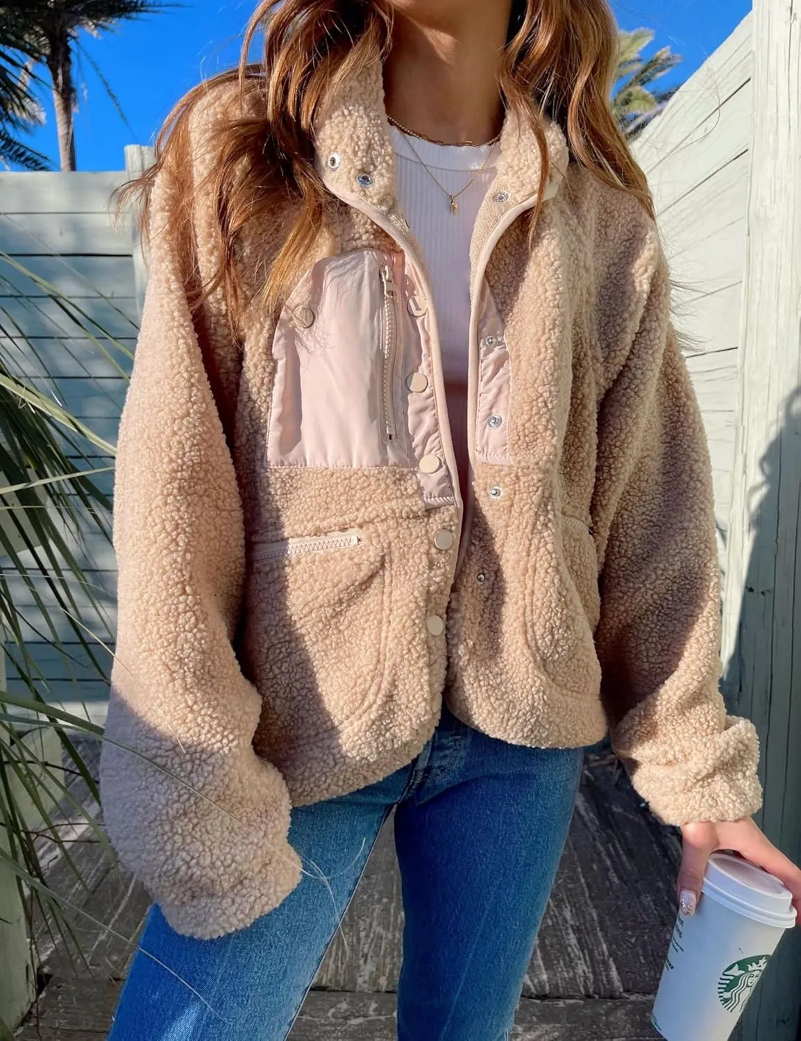 AMEBELLE Women's Cropped Fuzzy Fleece Jacket Lightweight Lined Winter Casual Warm Sherpa Jacket Coat Outerwear with Pockets