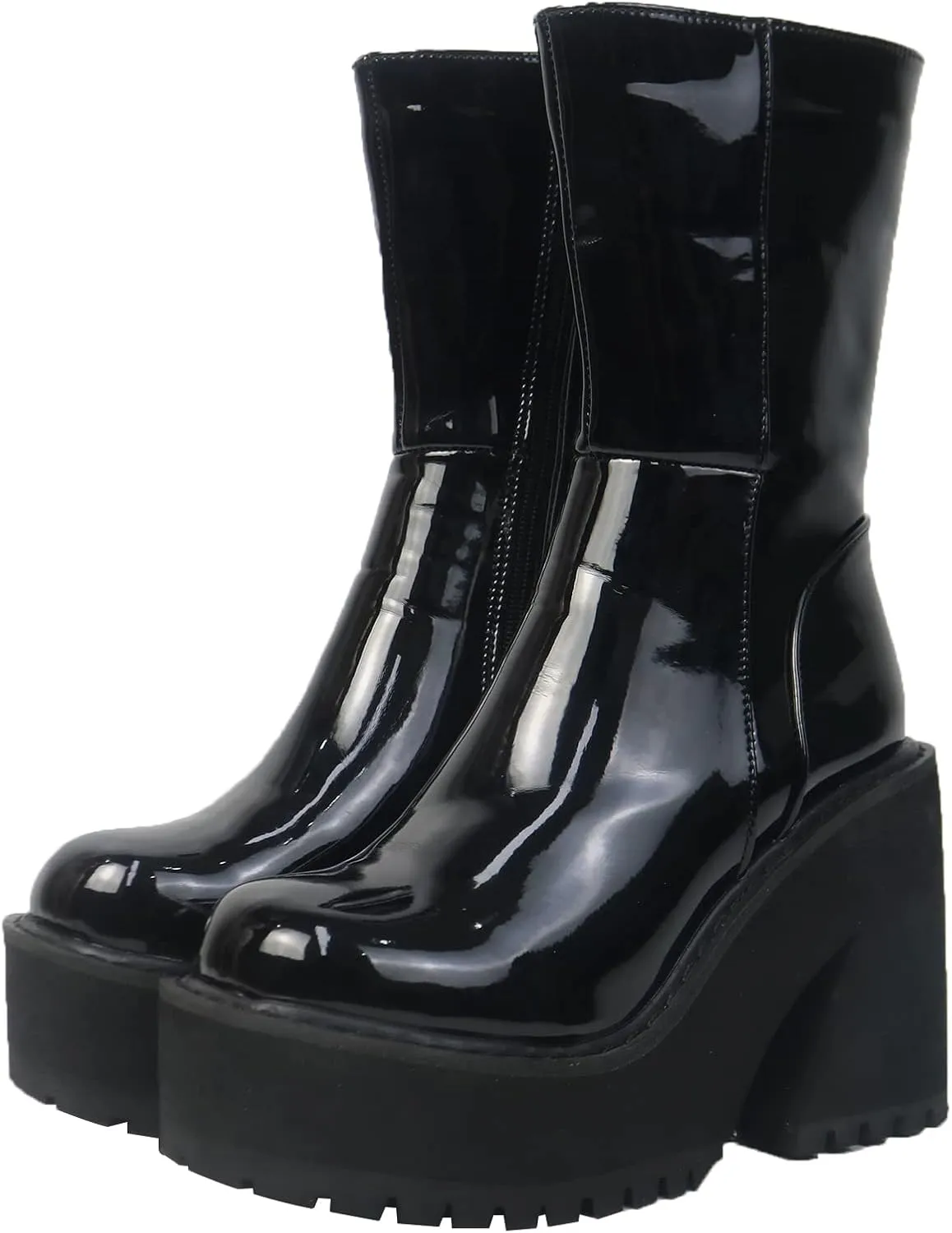 AMINUGAL Womens Wedge Heel Ankle Boots Platform Zipper Punk Motorcycle Booties Chunky Block High Heel Round Toe Fashion Work Combat Boots Mid Calf For Women