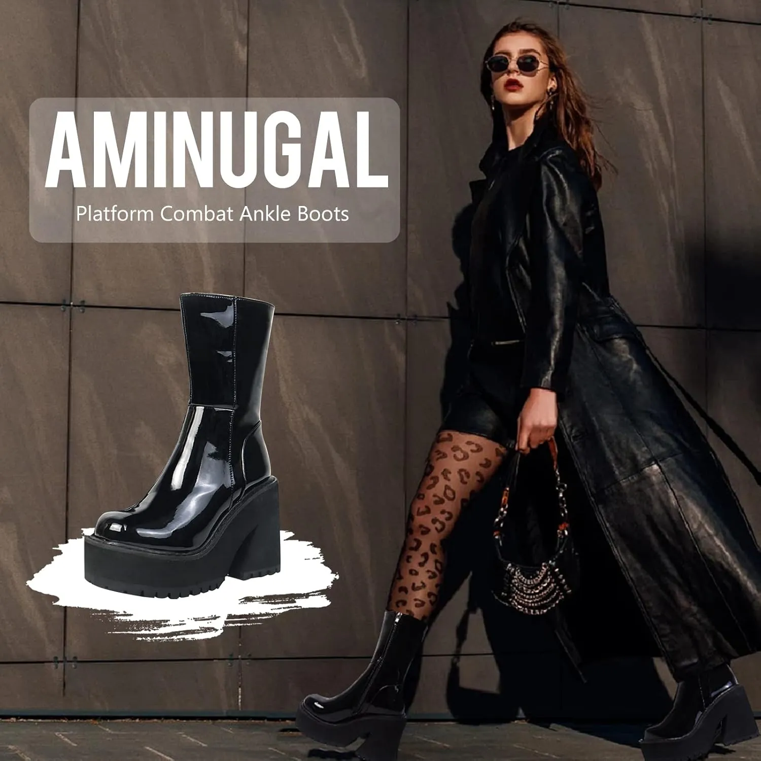 AMINUGAL Womens Wedge Heel Ankle Boots Platform Zipper Punk Motorcycle Booties Chunky Block High Heel Round Toe Fashion Work Combat Boots Mid Calf For Women