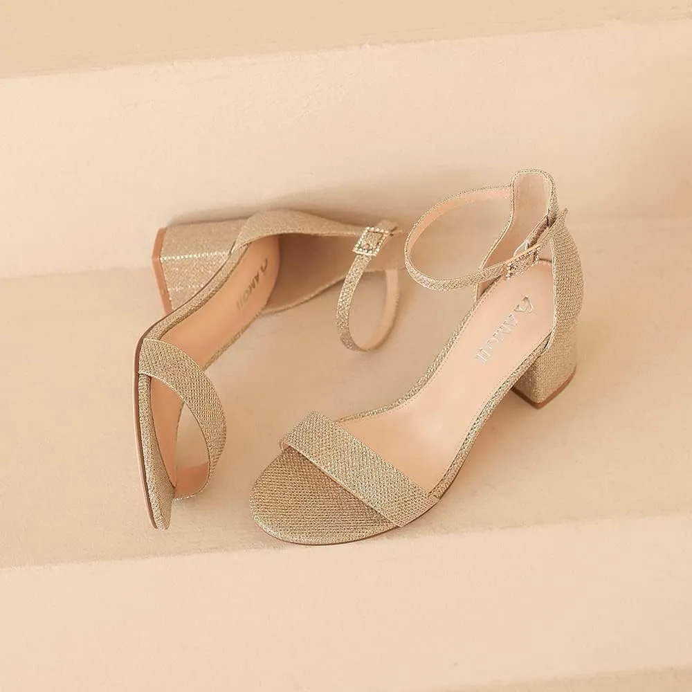 Amoji Women's 2.5 Inch Low Heel Ankle Strap Dressy Sandals 301