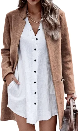 Angashion Women’s Coat, Long Sleeve Stand Collar Cardigan Mid-Long Open Front Outwear Overcoat with Zipper Pockets