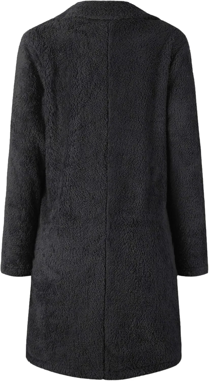 Angashion Women's Fuzzy Fleece Lapel Open Front Long Cardigan Coat Faux Fur Warm Winter Outwear Jackets