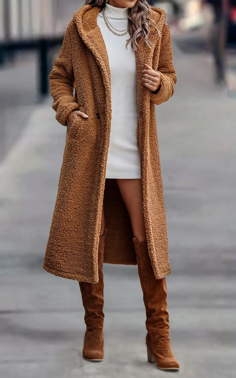 Angashion Women's Fuzzy Fleece Lapel Open Front Long Cardigan Coat Faux Fur Warm Winter Outwear Jackets