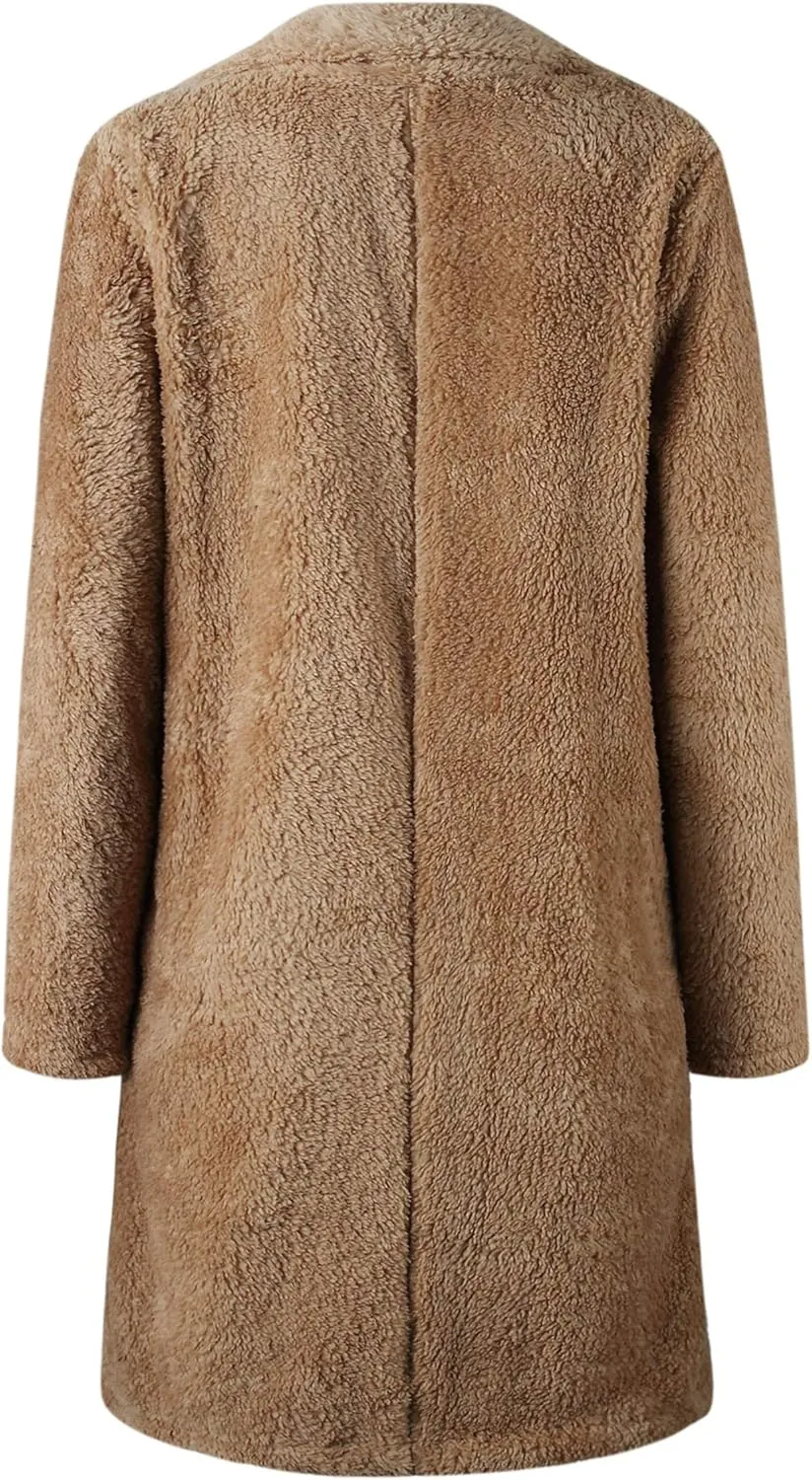 Angashion Women's Fuzzy Fleece Lapel Open Front Long Cardigan Coat Faux Fur Warm Winter Outwear Jackets