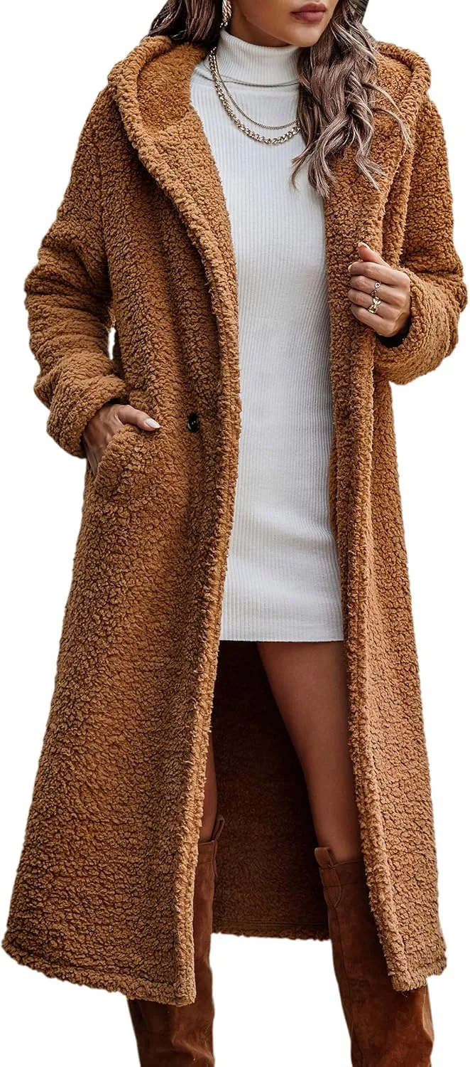 Angashion Women's Fuzzy Fleece Lapel Open Front Long Cardigan Coat Faux Fur Warm Winter Outwear Jackets