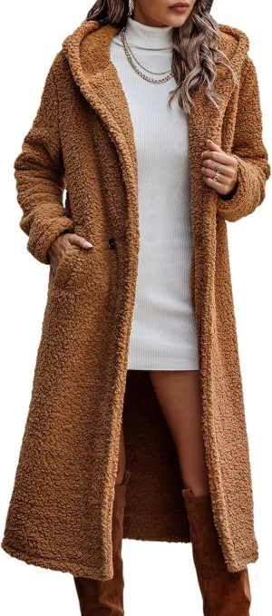 Angashion Women's Fuzzy Fleece Lapel Open Front Long Cardigan Coat Faux Fur Warm Winter Outwear Jackets