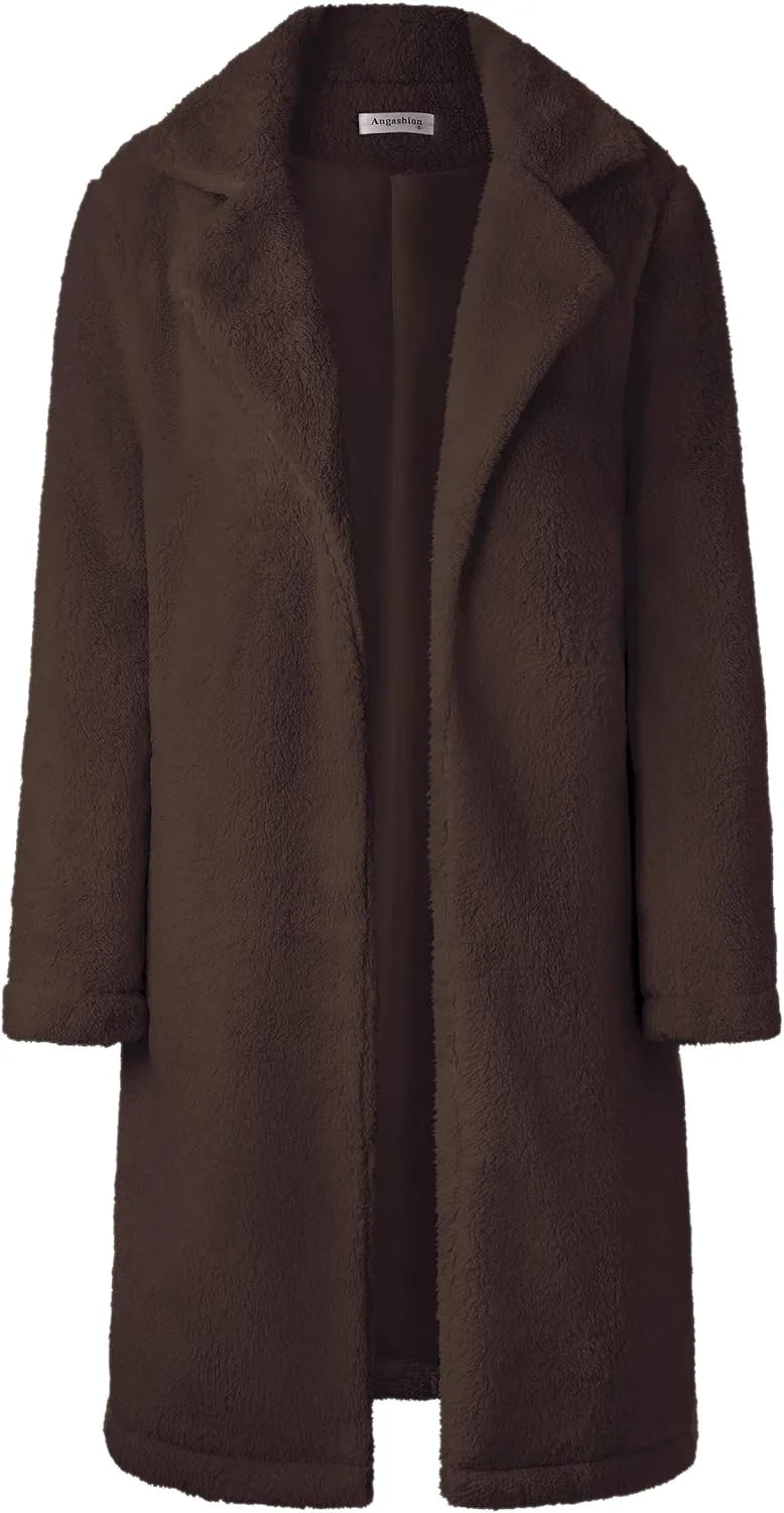 Angashion Women's Fuzzy Fleece Lapel Open Front Long Cardigan Coat Faux Fur Warm Winter Outwear Jackets