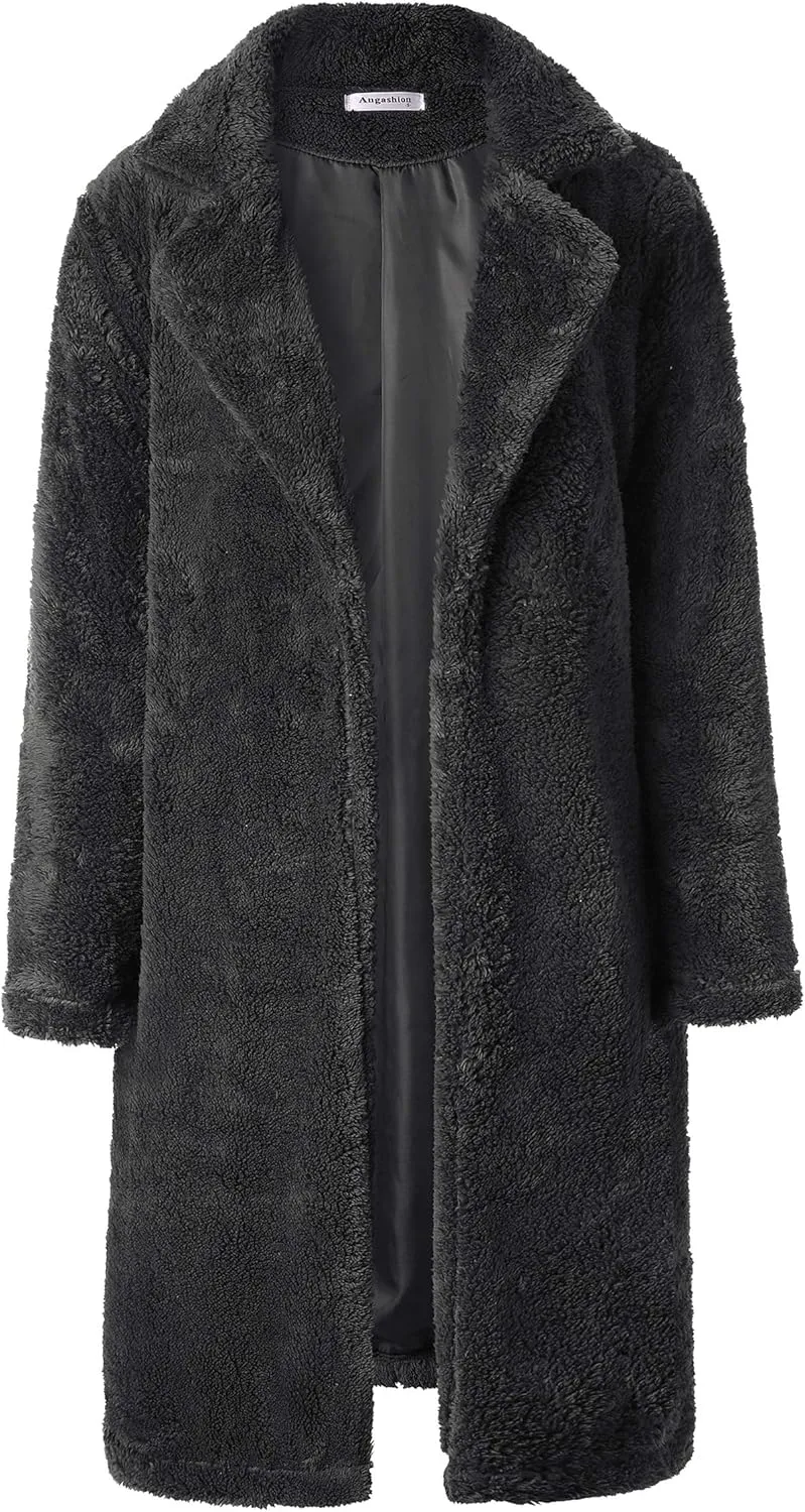 Angashion Women's Fuzzy Fleece Lapel Open Front Long Cardigan Coat Faux Fur Warm Winter Outwear Jackets