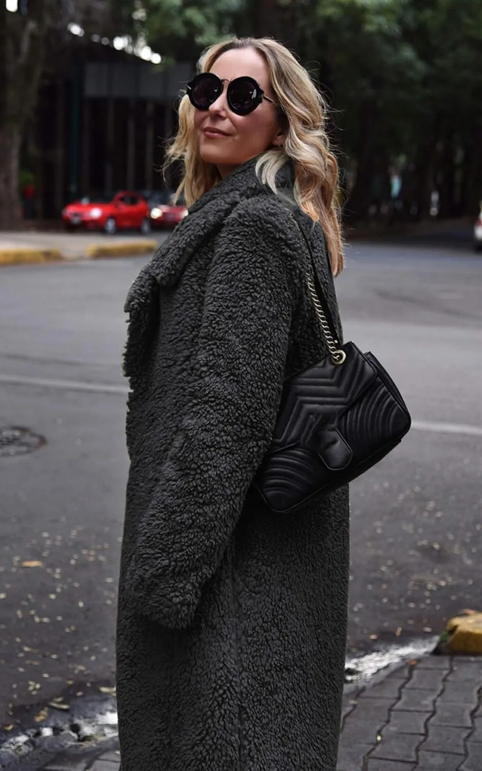 Angashion Women's Fuzzy Fleece Lapel Open Front Long Cardigan Coat Faux Fur Warm Winter Outwear Jackets
