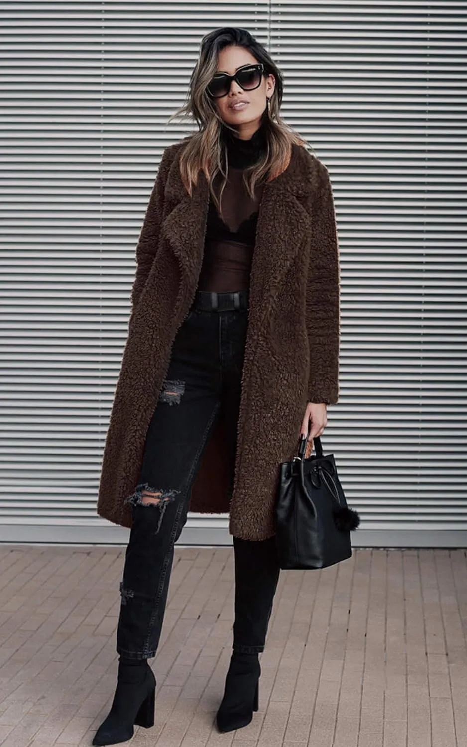 Angashion Women's Fuzzy Fleece Lapel Open Front Long Cardigan Coat Faux Fur Warm Winter Outwear Jackets