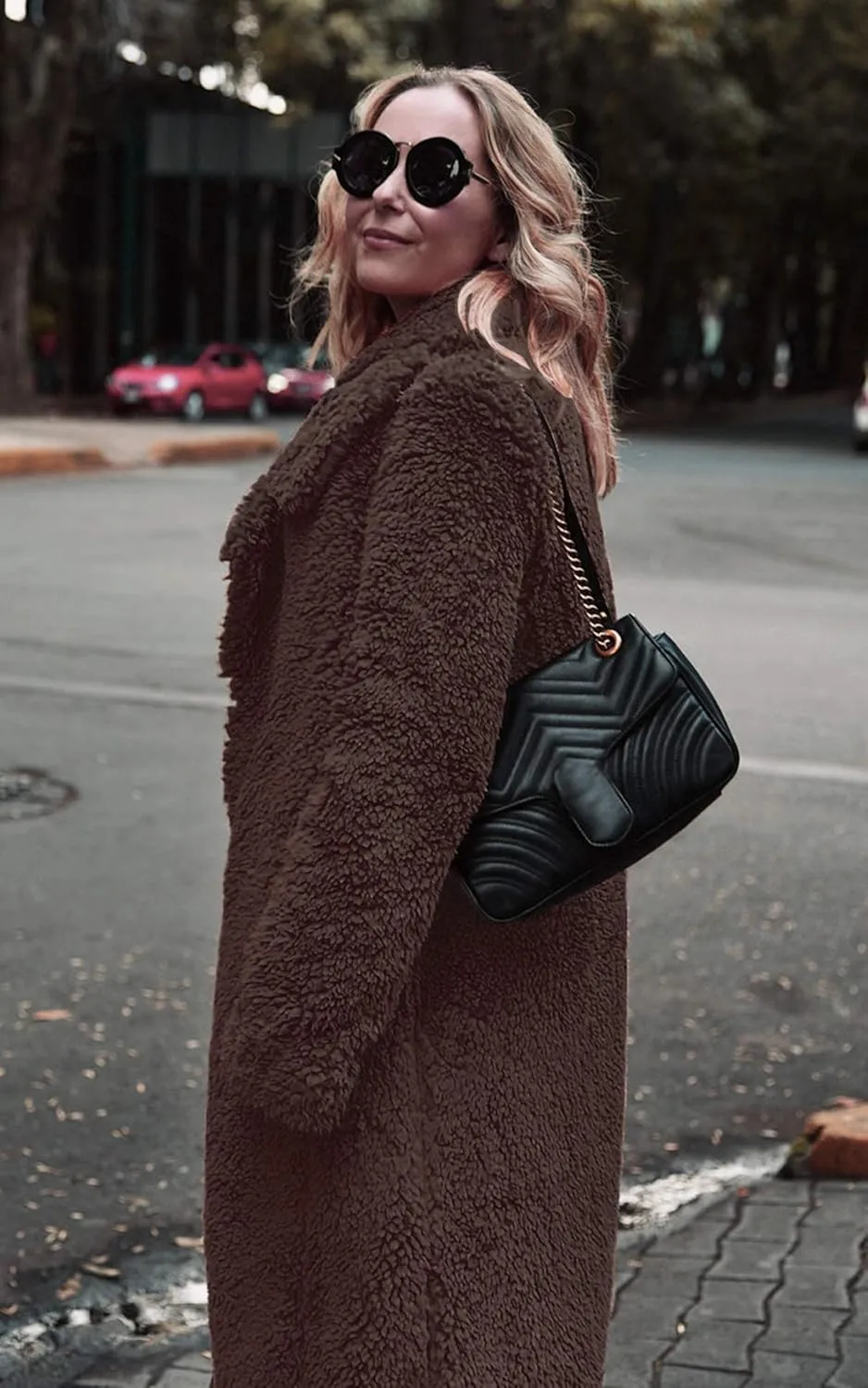 Angashion Women's Fuzzy Fleece Lapel Open Front Long Cardigan Coat Faux Fur Warm Winter Outwear Jackets