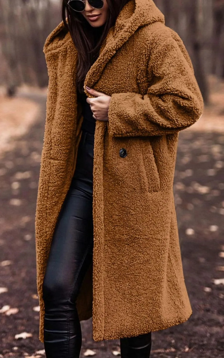 Angashion Women's Fuzzy Fleece Lapel Open Front Long Cardigan Coat Faux Fur Warm Winter Outwear Jackets