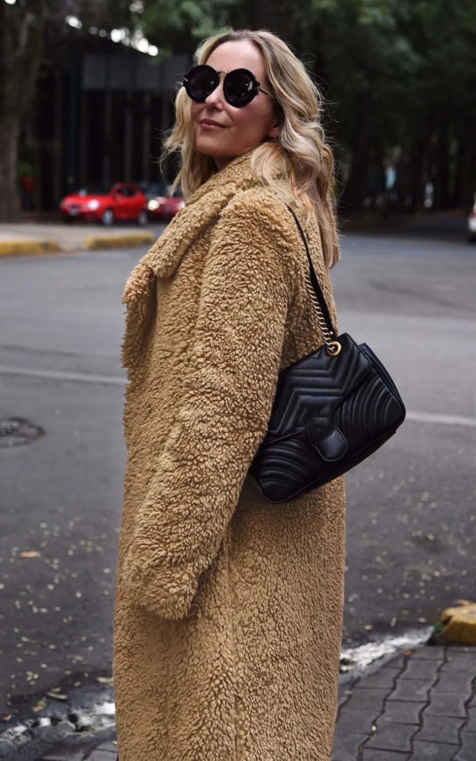 Angashion Women's Fuzzy Fleece Lapel Open Front Long Cardigan Coat Faux Fur Warm Winter Outwear Jackets