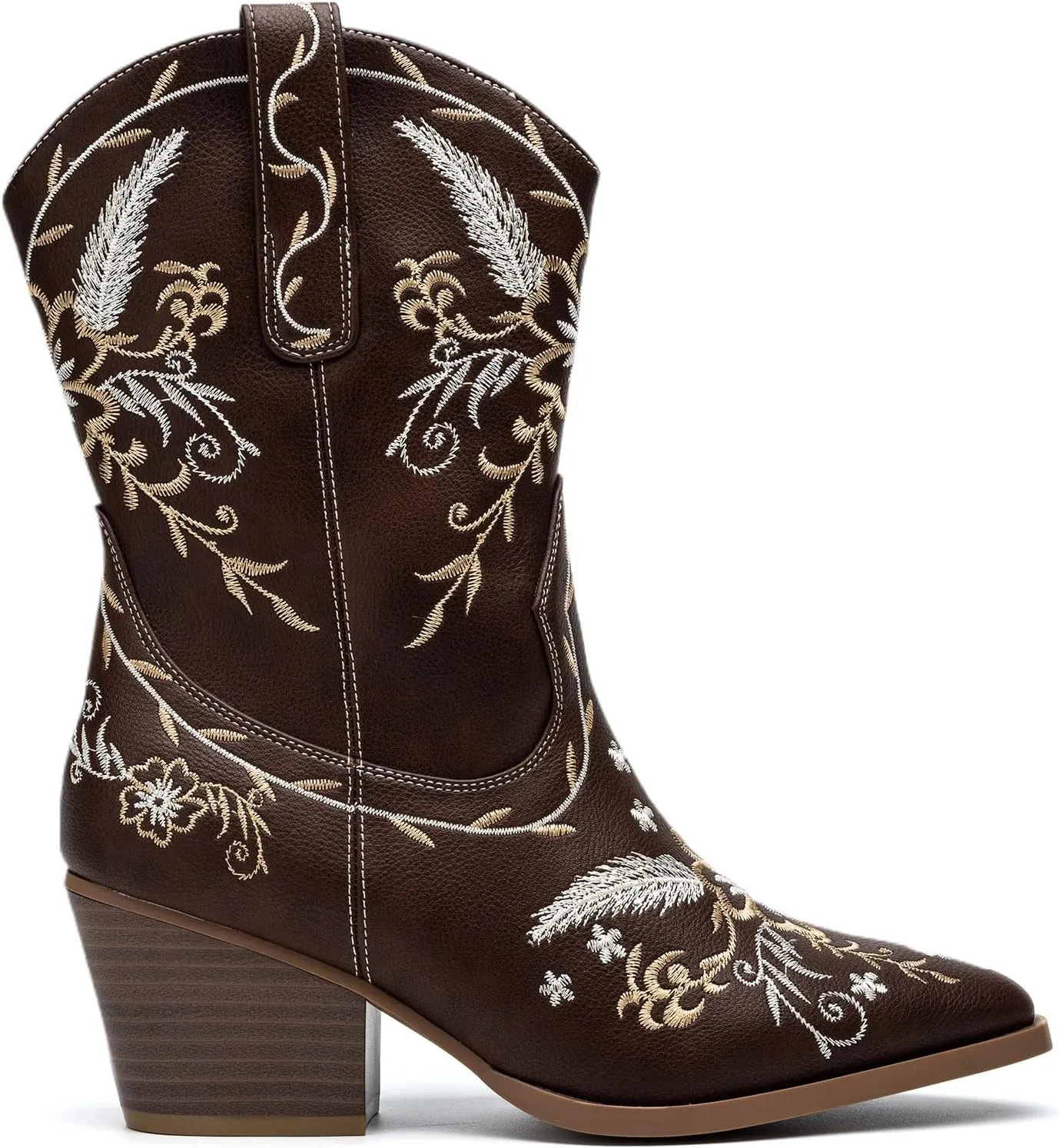 ANJOUFEMME Western Women's Cowboy Cowgirl Boots,Embroidered Round-toe Mid-calf Boots