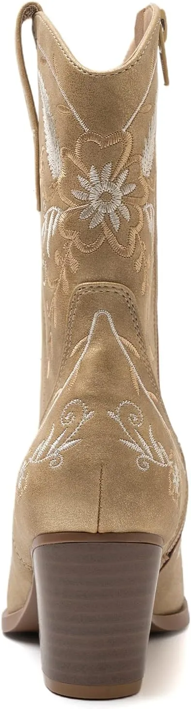 ANJOUFEMME Western Women's Cowboy Cowgirl Boots,Embroidered Round-toe Mid-calf Boots