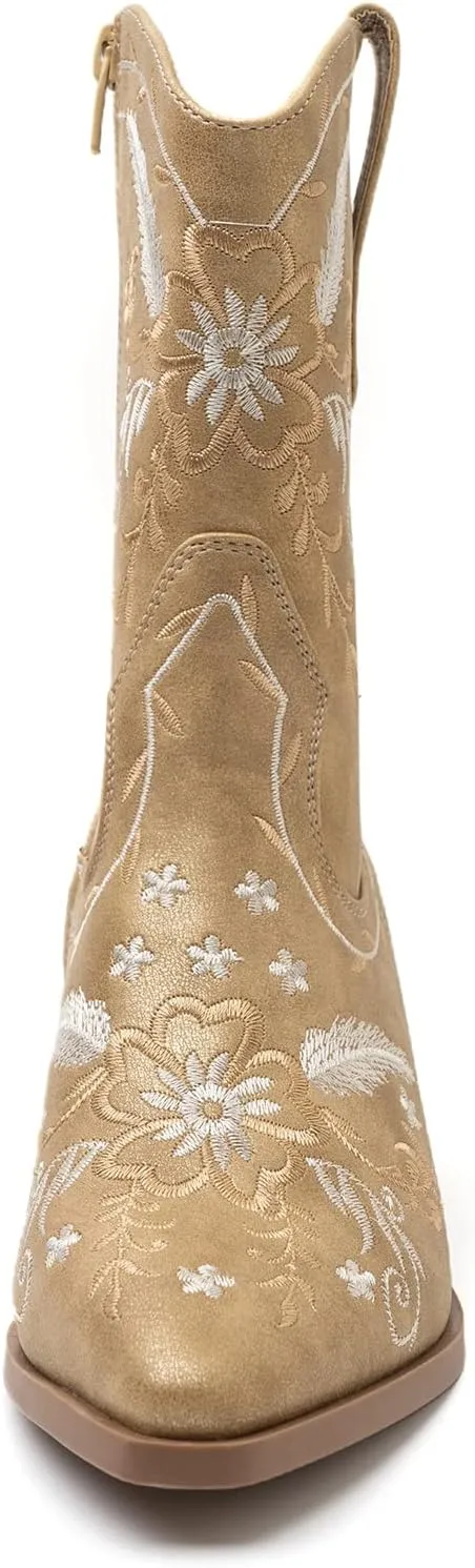 ANJOUFEMME Western Women's Cowboy Cowgirl Boots,Embroidered Round-toe Mid-calf Boots