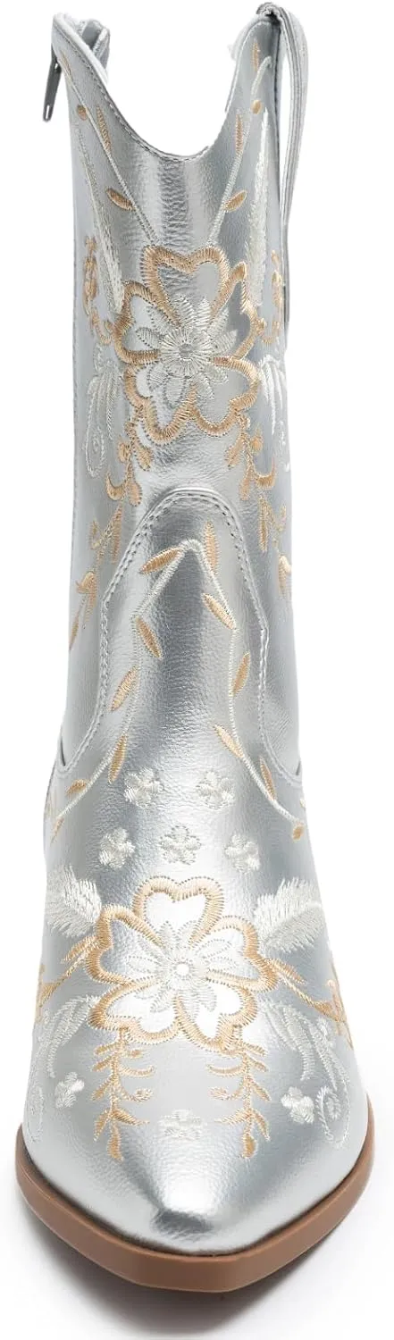 ANJOUFEMME Western Women's Cowboy Cowgirl Boots,Embroidered Round-toe Mid-calf Boots