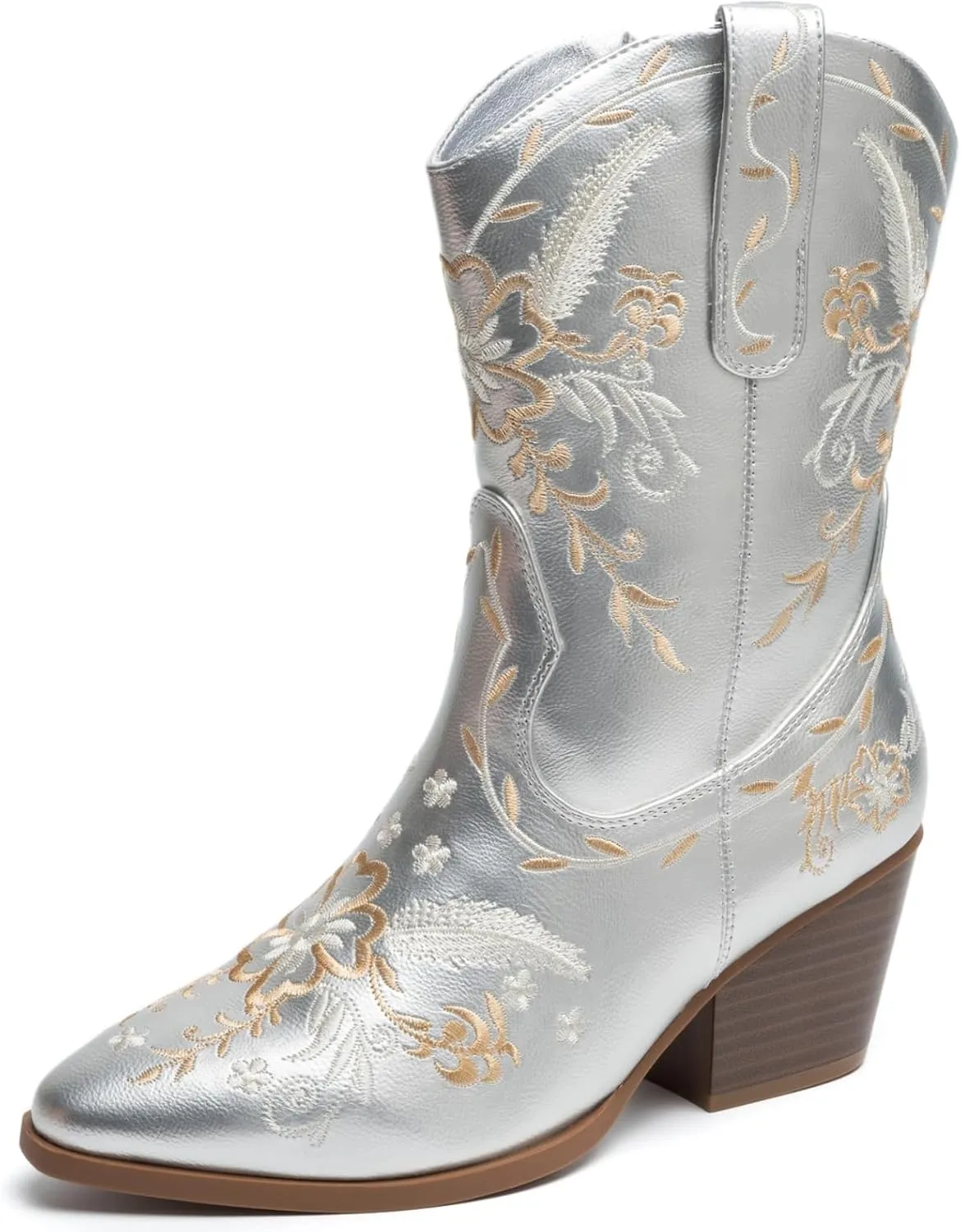 ANJOUFEMME Western Women's Cowboy Cowgirl Boots,Embroidered Round-toe Mid-calf Boots