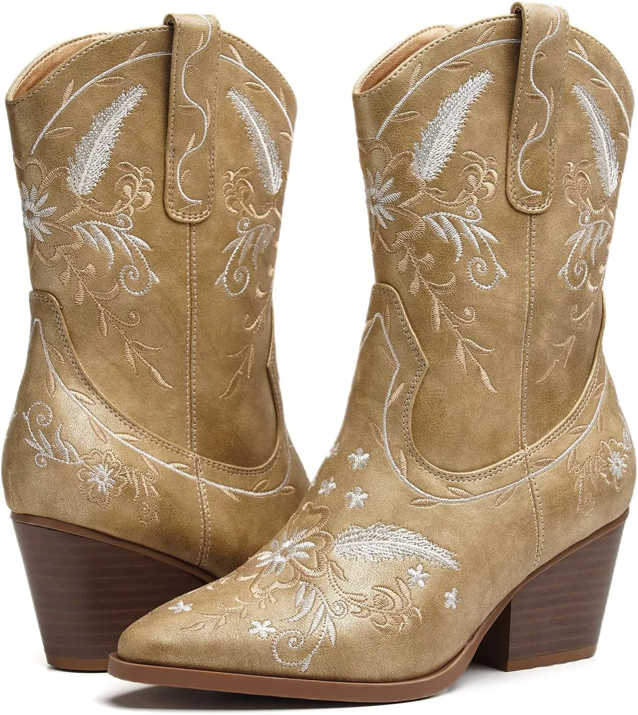 ANJOUFEMME Western Women's Cowboy Cowgirl Boots,Embroidered Round-toe Mid-calf Boots