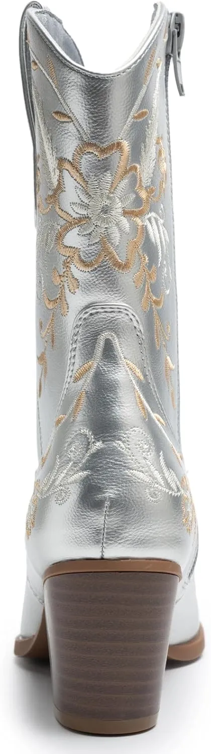 ANJOUFEMME Western Women's Cowboy Cowgirl Boots,Embroidered Round-toe Mid-calf Boots