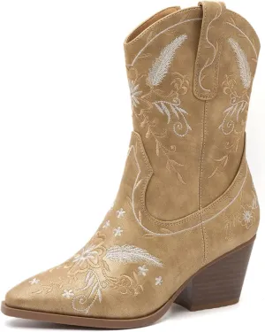 ANJOUFEMME Western Women's Cowboy Cowgirl Boots,Embroidered Round-toe Mid-calf Boots