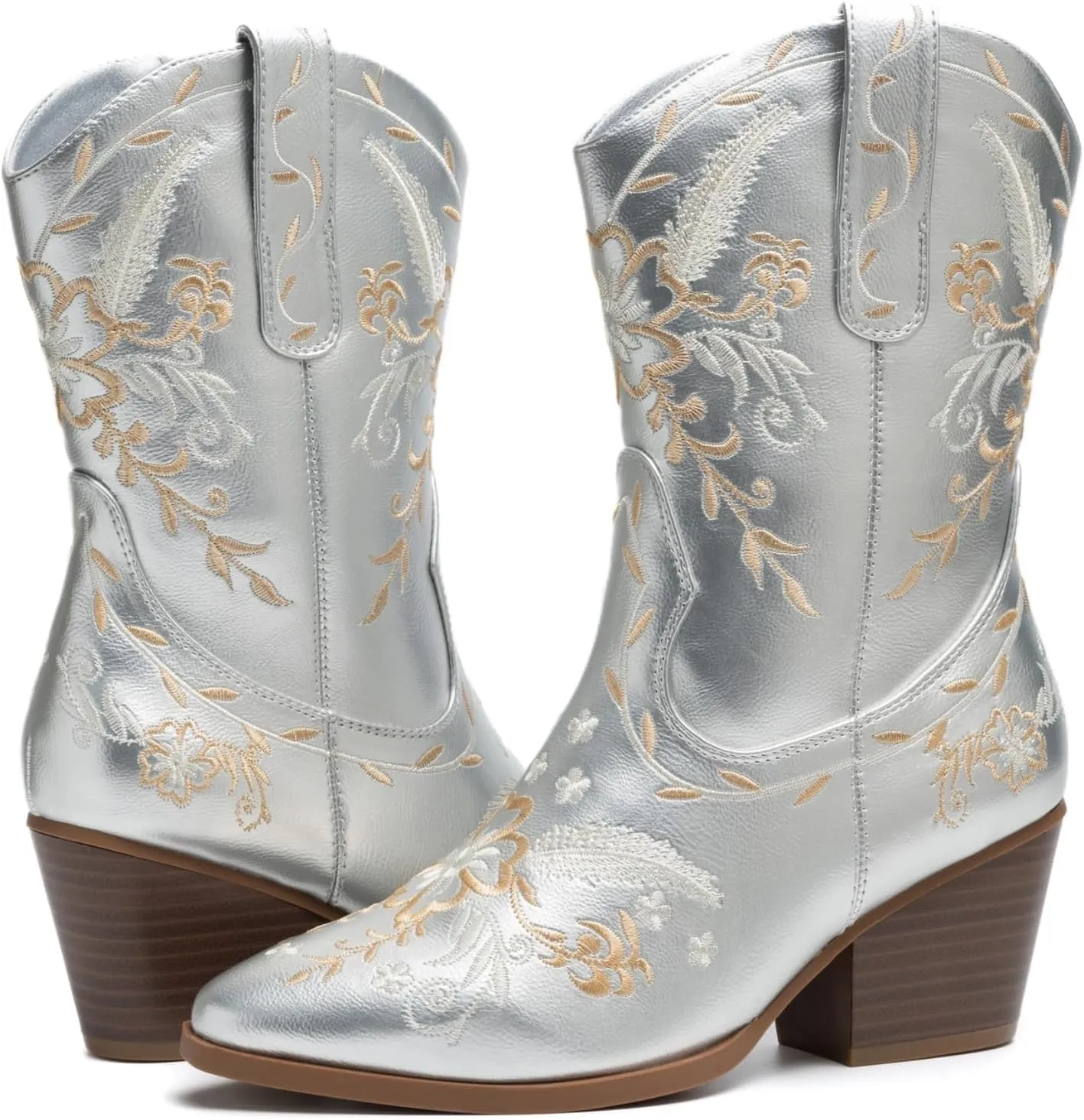 ANJOUFEMME Western Women's Cowboy Cowgirl Boots,Embroidered Round-toe Mid-calf Boots