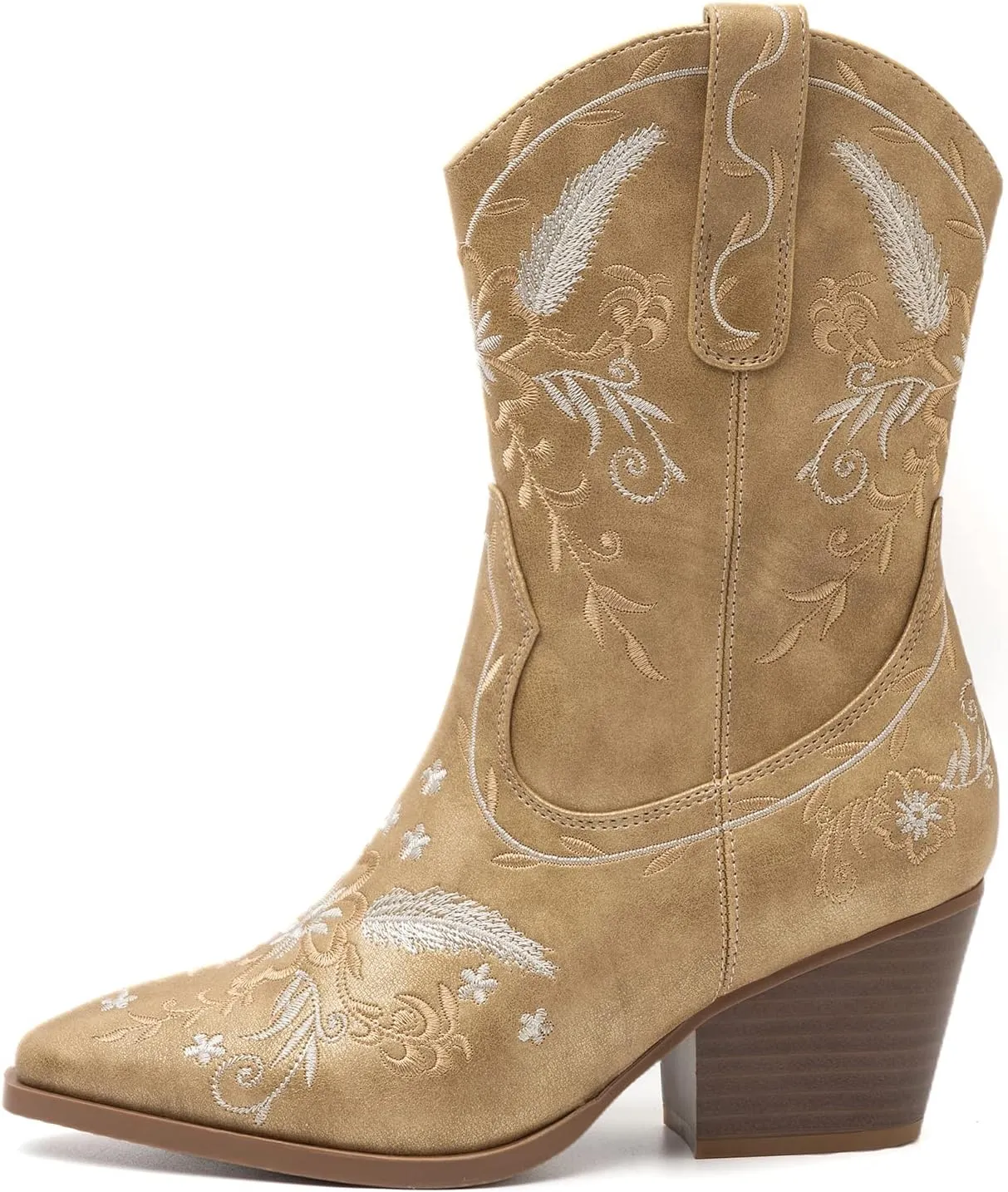 ANJOUFEMME Western Women's Cowboy Cowgirl Boots,Embroidered Round-toe Mid-calf Boots