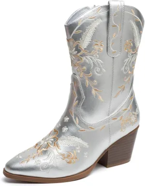 ANJOUFEMME Western Women's Cowboy Cowgirl Boots,Embroidered Round-toe Mid-calf Boots