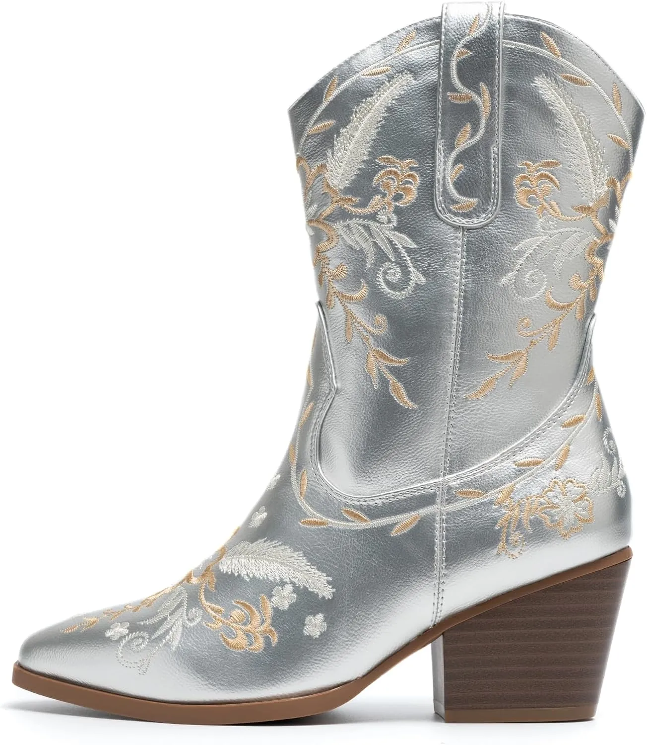 ANJOUFEMME Western Women's Cowboy Cowgirl Boots,Embroidered Round-toe Mid-calf Boots