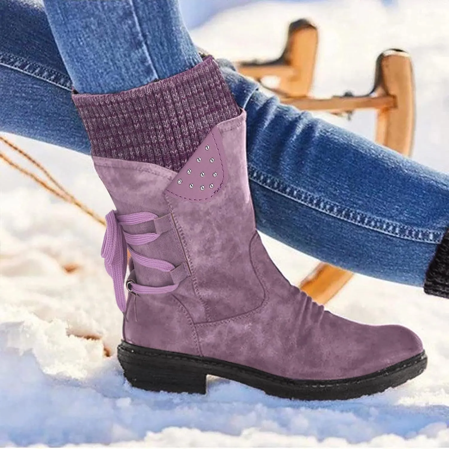 Ankle Boots for Women Winter Snow Booties Fur Lined Warm Boots Black Side Zipper Booties Round Toe Low Heel Boots