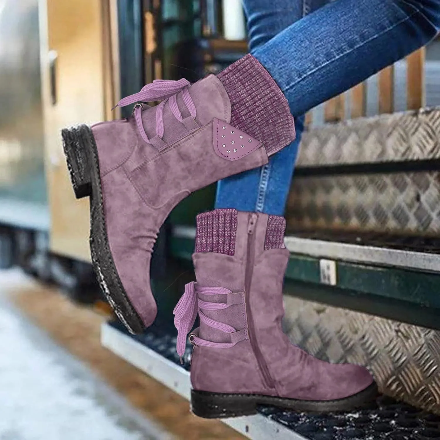 Ankle Boots for Women Winter Snow Booties Fur Lined Warm Boots Black Side Zipper Booties Round Toe Low Heel Boots