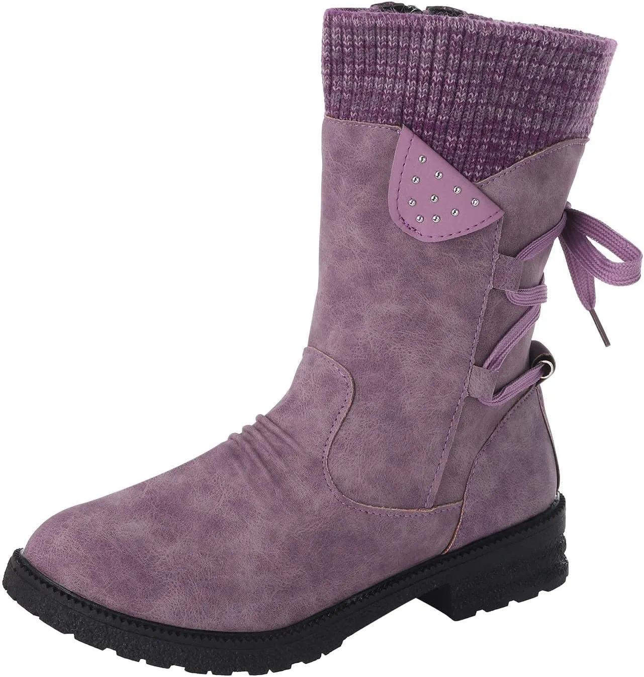 Ankle Boots for Women Winter Snow Booties Fur Lined Warm Boots Black Side Zipper Booties Round Toe Low Heel Boots