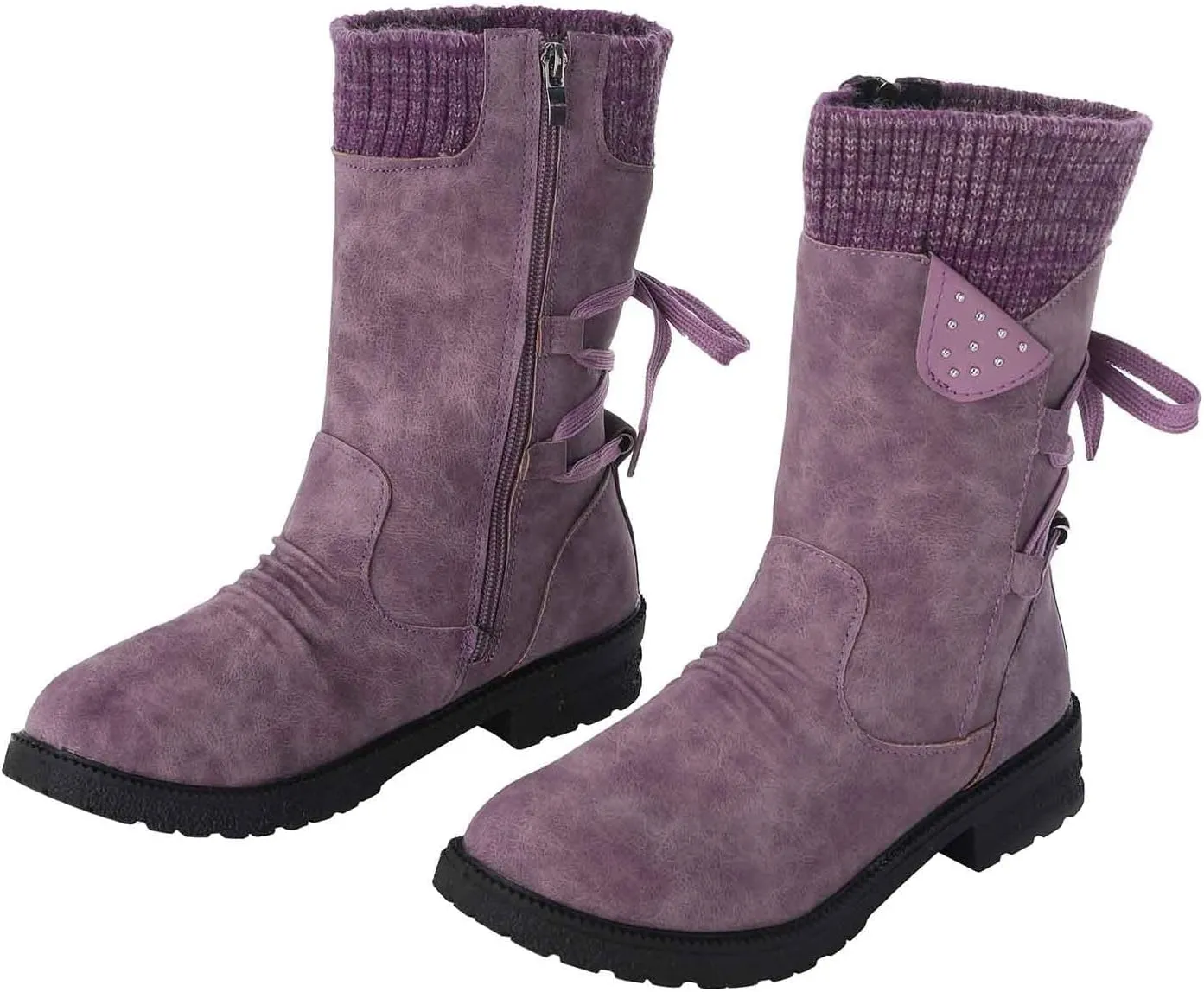 Ankle Boots for Women Winter Snow Booties Fur Lined Warm Boots Black Side Zipper Booties Round Toe Low Heel Boots