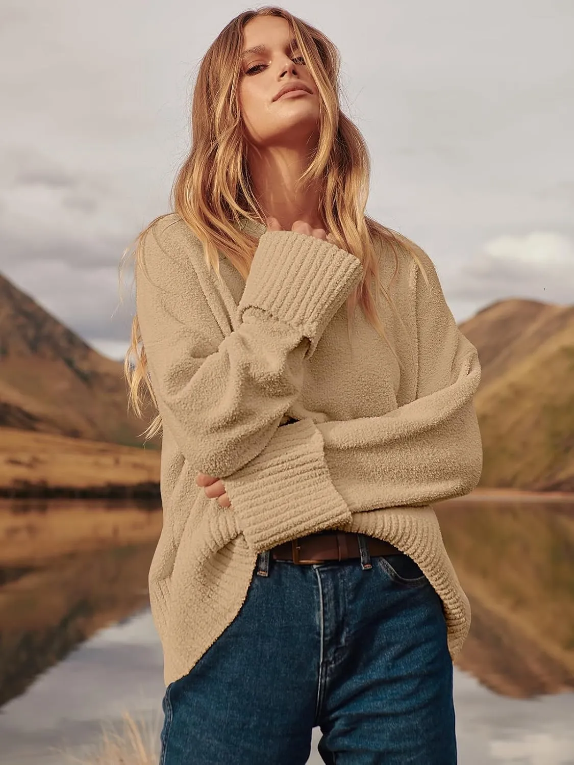 ANRABESS Women's Oversized Crewneck Long Sleeve Fuzzy Knit Casual Chunky Warm 2025 Fall Pullover Sweaters Top Trendy Outfits
