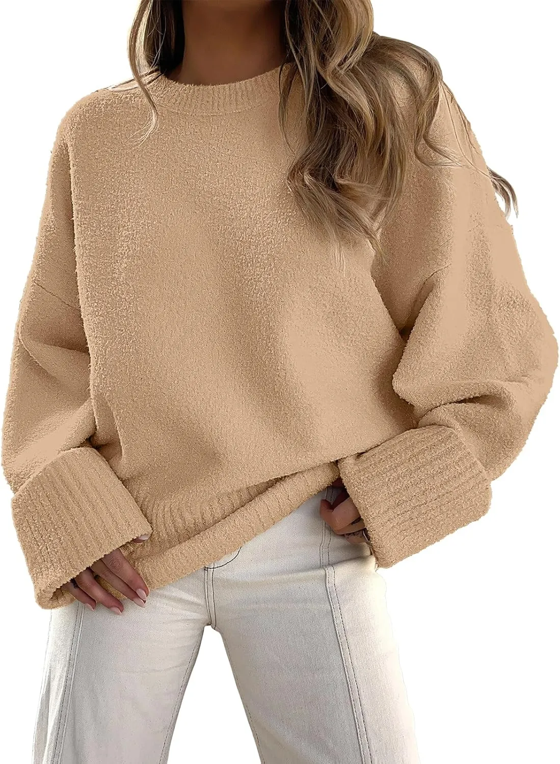 ANRABESS Women's Oversized Crewneck Long Sleeve Fuzzy Knit Casual Chunky Warm 2025 Fall Pullover Sweaters Top Trendy Outfits