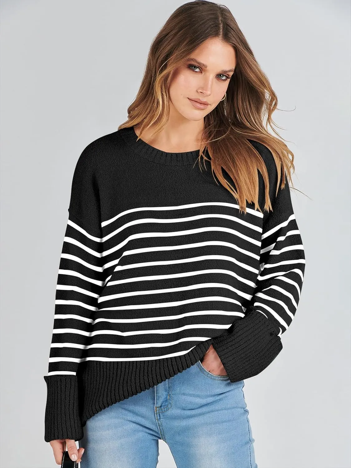 ANRABESS Women's Oversized Crewneck Long Sleeve Fuzzy Knit Casual Chunky Warm 2025 Fall Pullover Sweaters Top Trendy Outfits