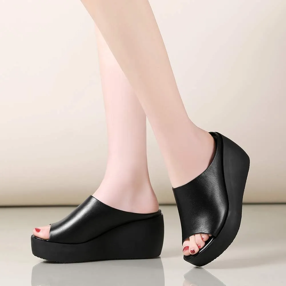 ANUFER Women's Peep Toe Mules Platform Wedge Heel Genuine Leather Summer Hollowed Slippers
