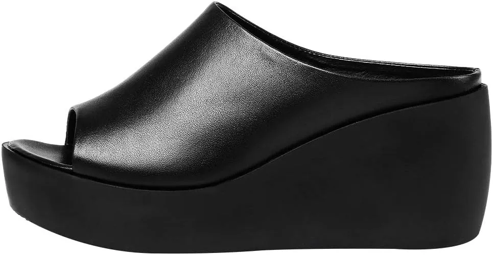 ANUFER Women's Peep Toe Mules Platform Wedge Heel Genuine Leather Summer Hollowed Slippers