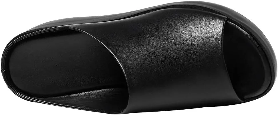 ANUFER Women's Peep Toe Mules Platform Wedge Heel Genuine Leather Summer Hollowed Slippers